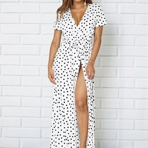 God Shield White Black Dot Split-Hem Maxi Dress M
